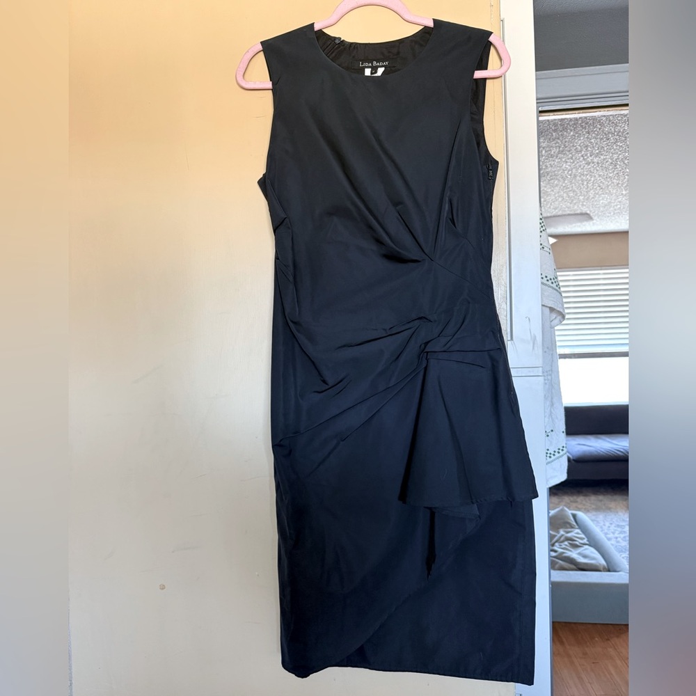 Lida Baday Gathered Taffeta Silk Black Sleeveless Dress